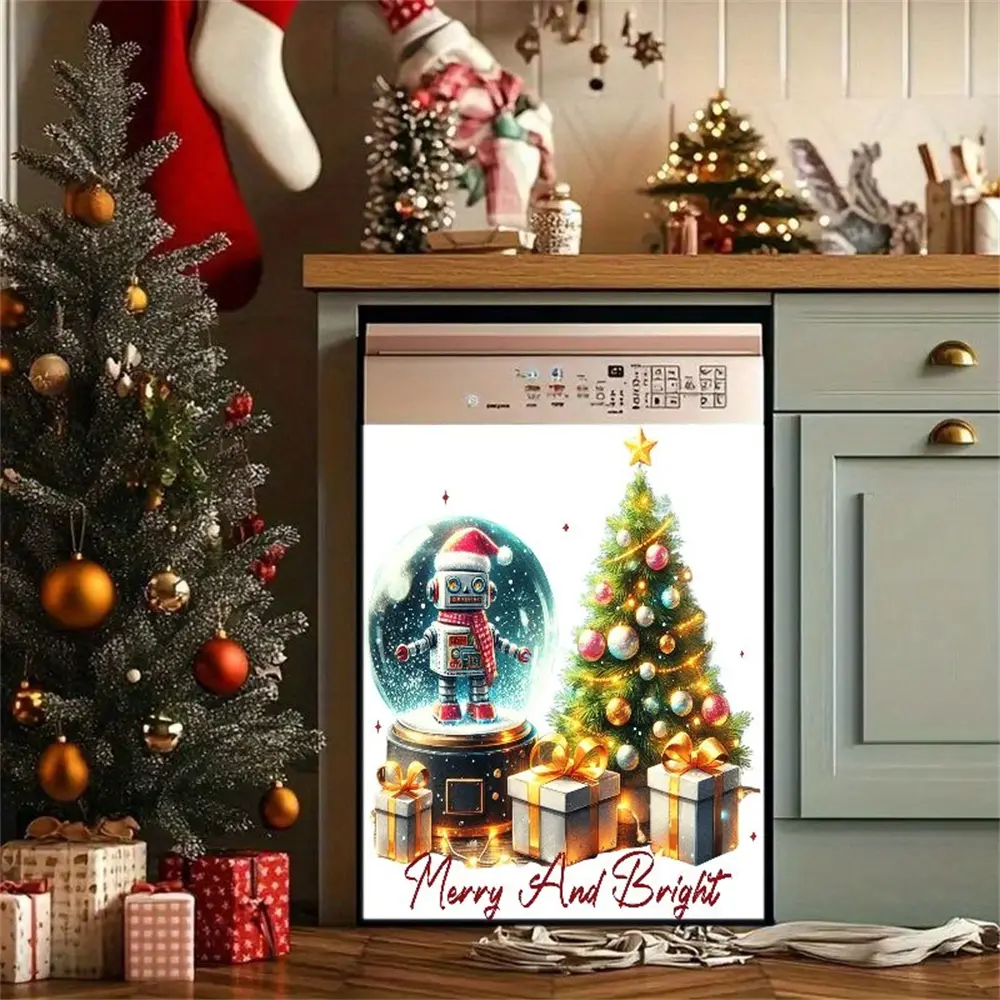2D Flat 2Pcs Christmas Robot Snow Globe Pattern Dishwasher Cover Merry and Bright Holiday Theme Kitchen Appliance Decor Waterproof Festive Art Design Self-Adhesive Vinyl Film for Refrigerator Washing Machine Winter Home Decoration