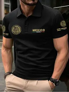 Men's Casual Tropical Short Sleeve Polo Shirt, Classic Mexico Icon Design, Breathable Elastic Fabric, Perfect for Daily Wear and Outdoor Activities