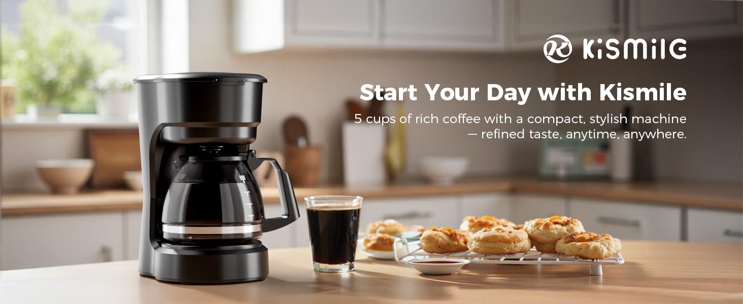 Kismile Compact Drip Coffee Maker 5-Cup Anti-Drip System Timer Removable Funnel Auto Shut-Off Anti-Dry Protection Dishwasher-Safe for Home & Office Black
