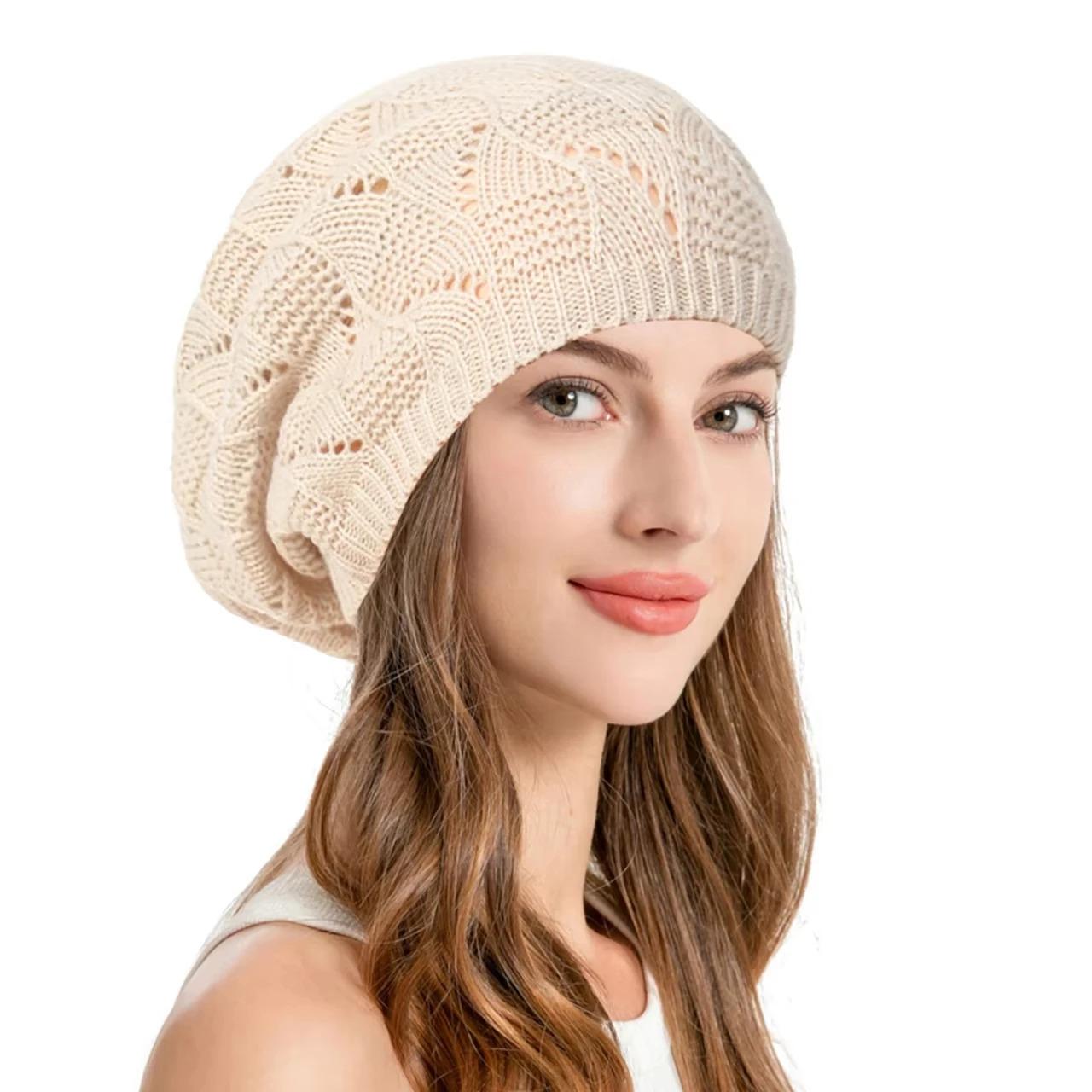Women Hollow Out Knitted Beret Hat Spring Autumn Elastic Crochet Beanies for Lady Casual Solid Color Painter Artist Caps