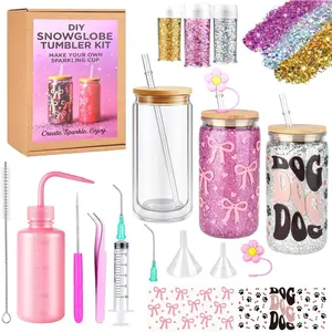 Snow Globe Tumbler Supplies ，16 Pcs DIY Glitter Snowglobe Cup Set– Includes 16oz Double-Wall Acrylic Tumbler, UV DTF Wraps, Craft Glitter, and DIY Tools