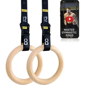 Gymnastics Rings with Quick Adjust Numbered Straps and Exercise Videos Guide - Full  Gym Rings - Calisthenics Rings Wooden Rings 1.25" (Wax Oil Finish)