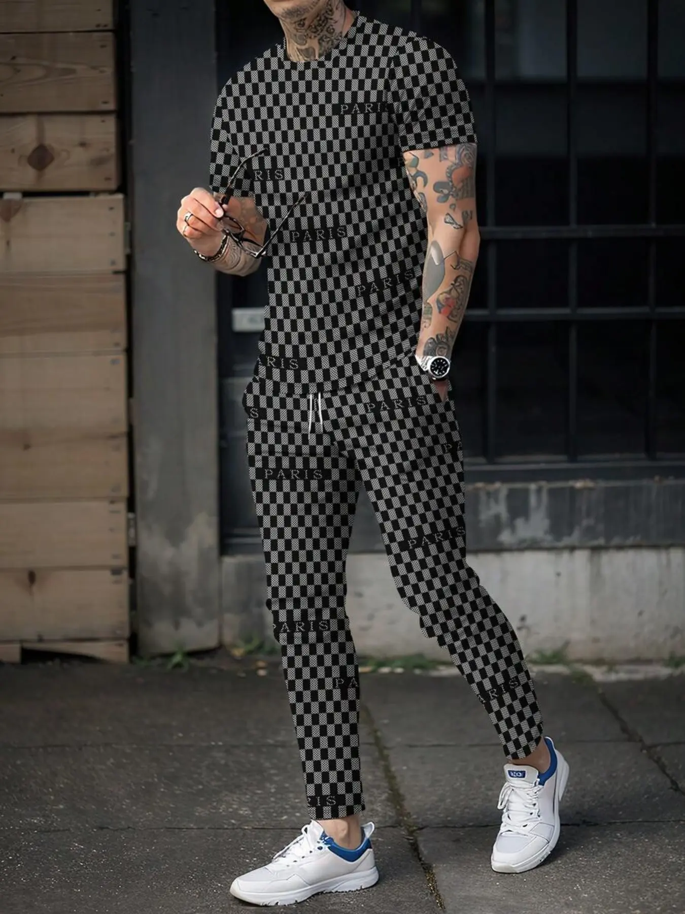 Men's Checkered Two-Piece Set, Full Print Fine Grid Pattern, Paris City English Round Neck Short Sleeve, Casual Long Pants