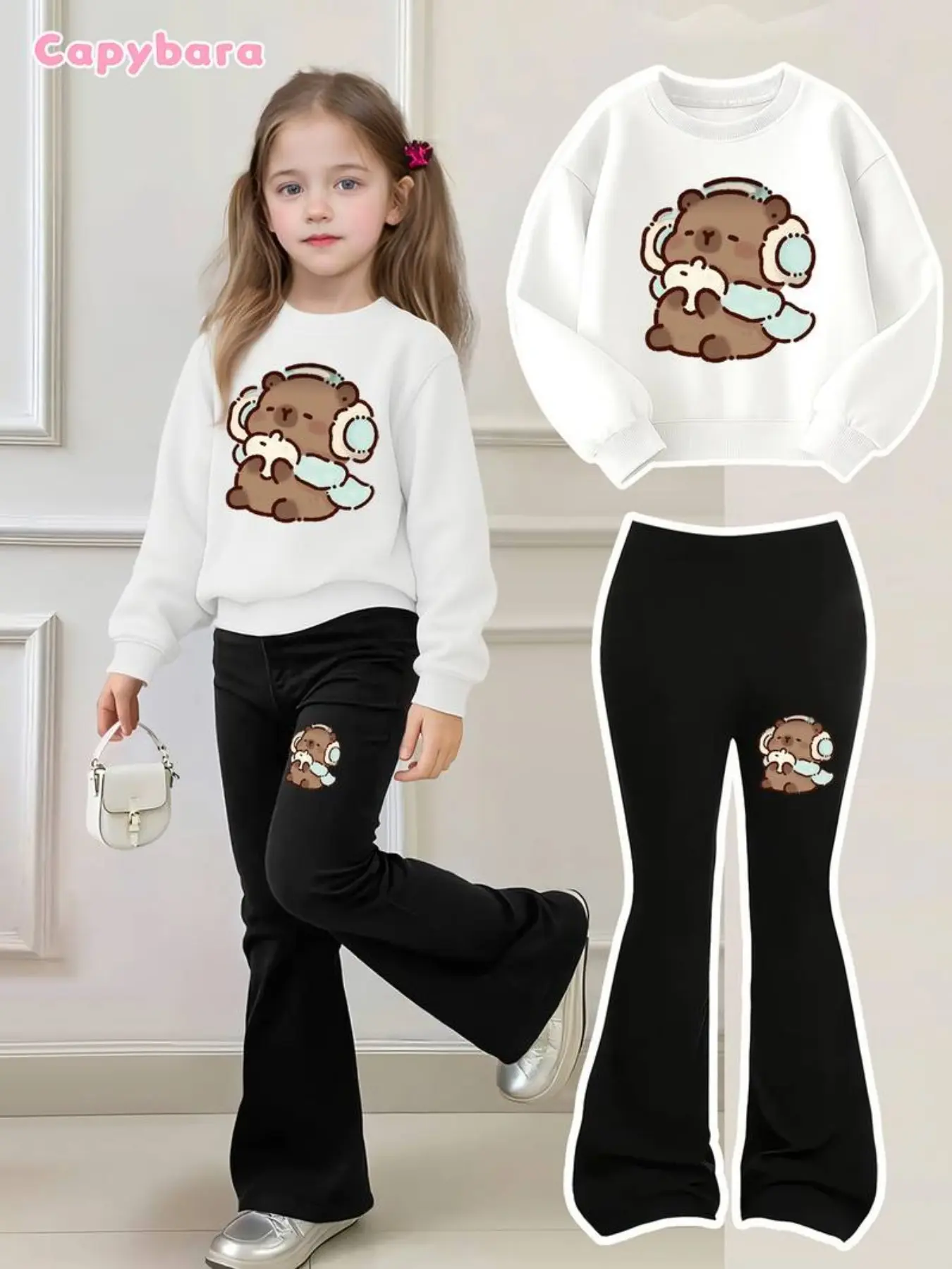 Girls' Two-Piece Set: Capybara Print Long Sleeve Sweatshirt + Bell Bottoms, Casual Fashion, Perfect for Outdoor Wear