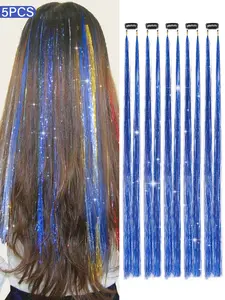 5pcs 24-Inch Royal Blue Flashy Clip-In Hair Extensions, Bright Laser Fiber Design, Rainbow Color, Easy Wear, Perfect for Parties and Music Festivals