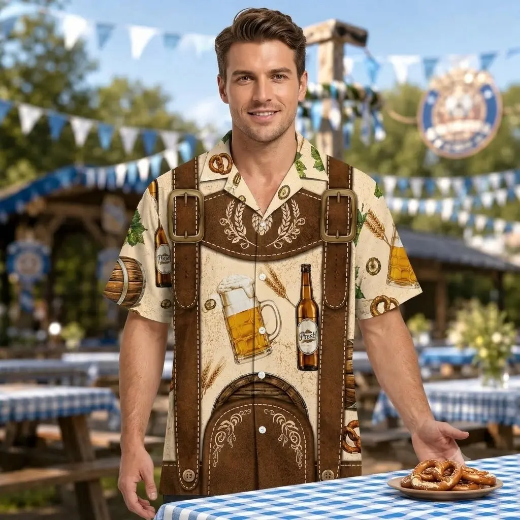 Men Oktoberfest Hawaiian Shirt, Funny Lederhosen Print Short Sleeve Button Down Shirt, Bavarian Beer Festival Party Casual Top for Men