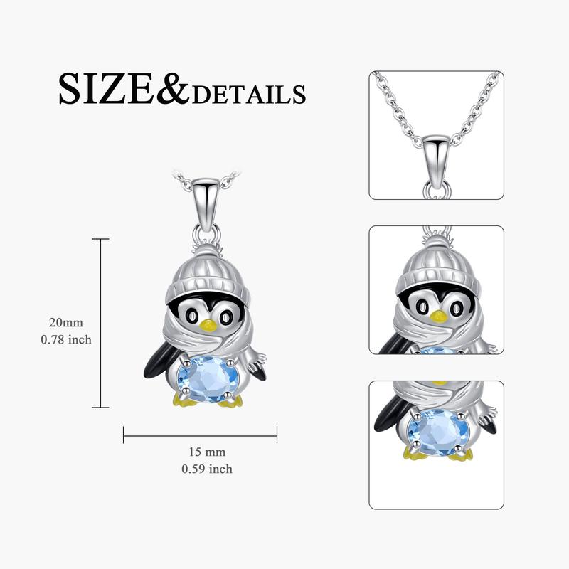 Penguin Necklace for Women 925 Sterling Silver Genuine Swiss Blue Topaz Lovely Ocean Sea Animal Pendant Ladies Jewelry Easter Birthday Gifts for Mother