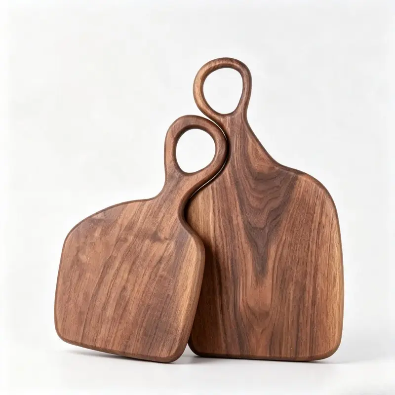 2Pc Nesting Couple Wood Cutting Board Serving Platter Nordic Cozy Farmhouse Aesthetic Minimalist Solid Black Walnut Wood Unique Curved Handle Hugging Design Wedding Favors Housewarming Gift Couples Kitchen Decor
