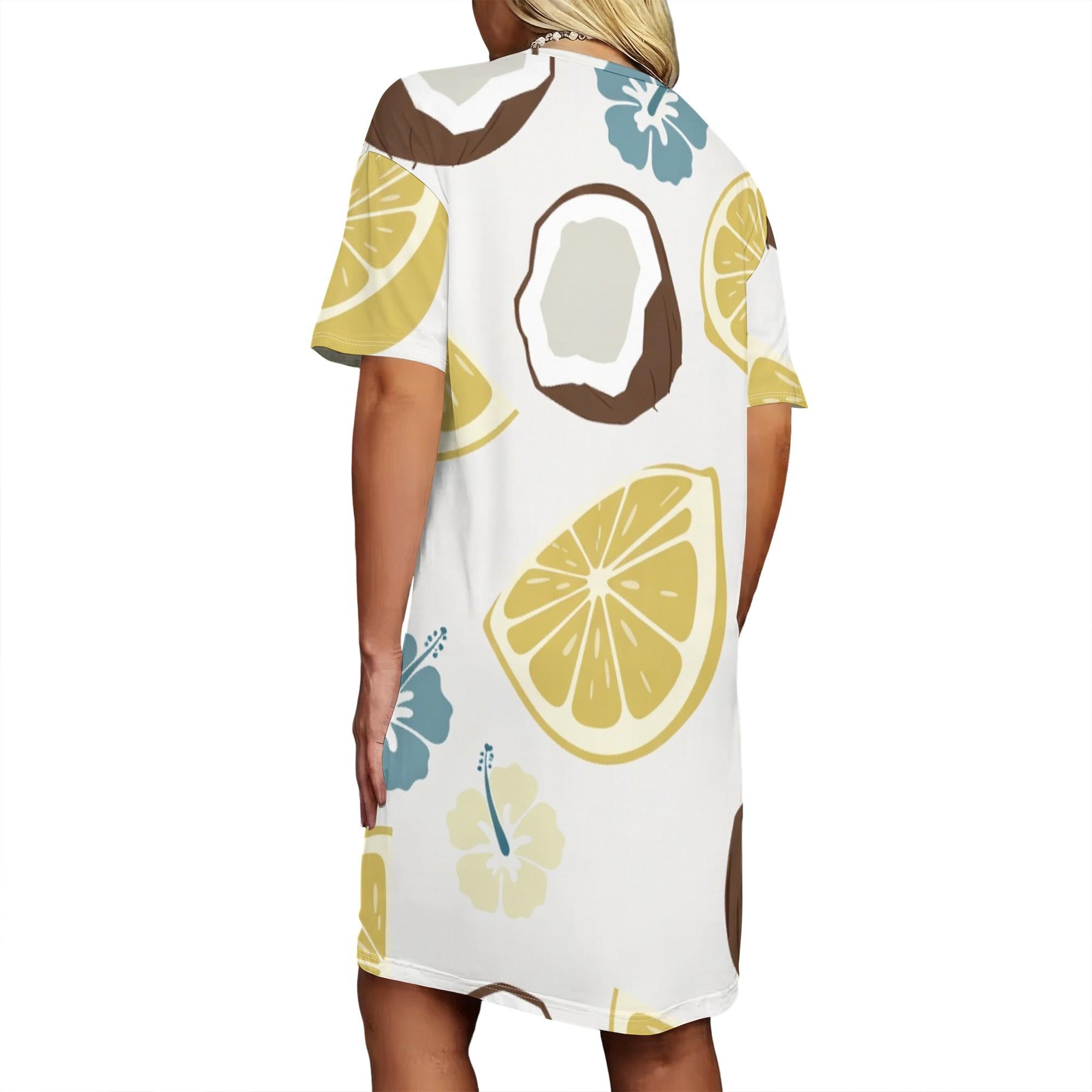 Ladies Lemon Coconut Print T-Shirt Dress Short Sleeve Casual Summer Mini Dress with Pocket