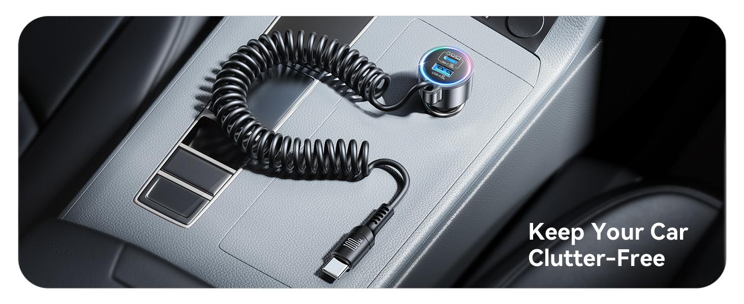 200W Car Charger USB C, PD100W Fast Charge w/100W Type C Fast Charging 5FT Coiled Cable, PD3.0/QC4.0/PPS Cigarette Lighter Phone Adapter for iPhone 17/16 ProMax, MacBook Pro/Air, Samsung S26/S25, iPad