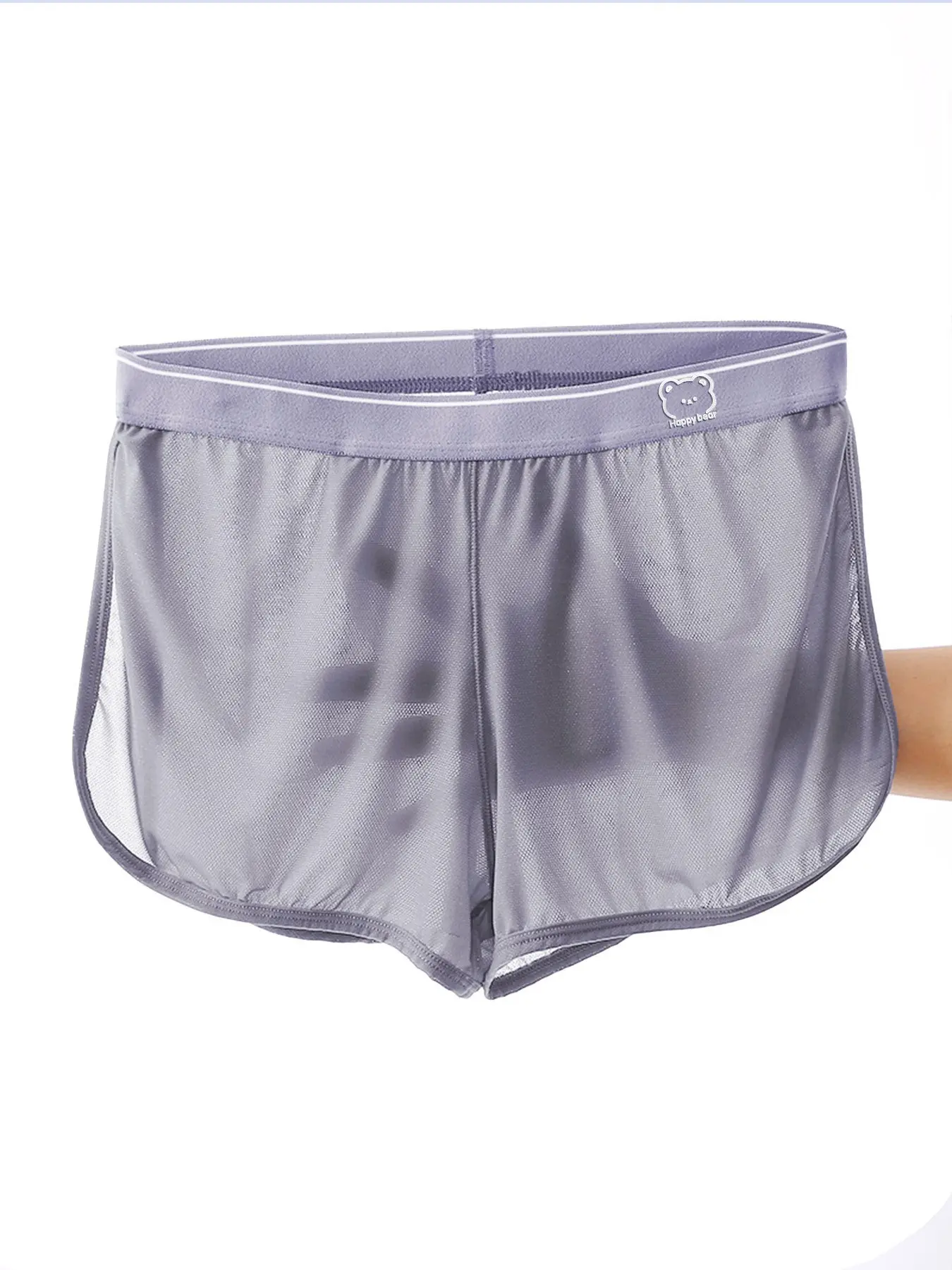 Men's Loose Mesh Boxer Briefs, Cute Bear Logo Elastic Waist, Breathable Transparent Mesh Underwear, Casual Home Sleep Pants