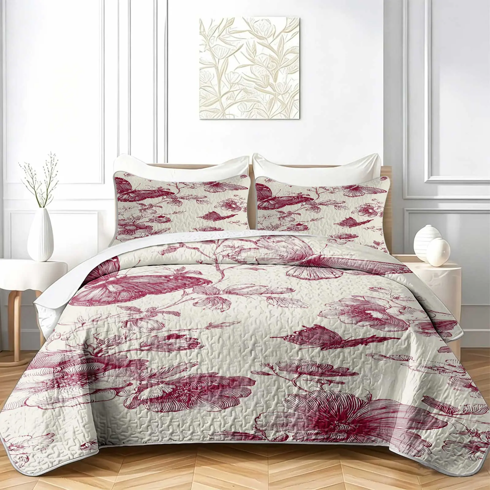 Burgundy Floral Quilted Coverlet Set with Pillow Shams, Summer Lightweight Bedspread Bedding Set, Soft Breathable All Season Bed Cover for Twin Full Queen King Bed, Pillow Inserts Not Included
