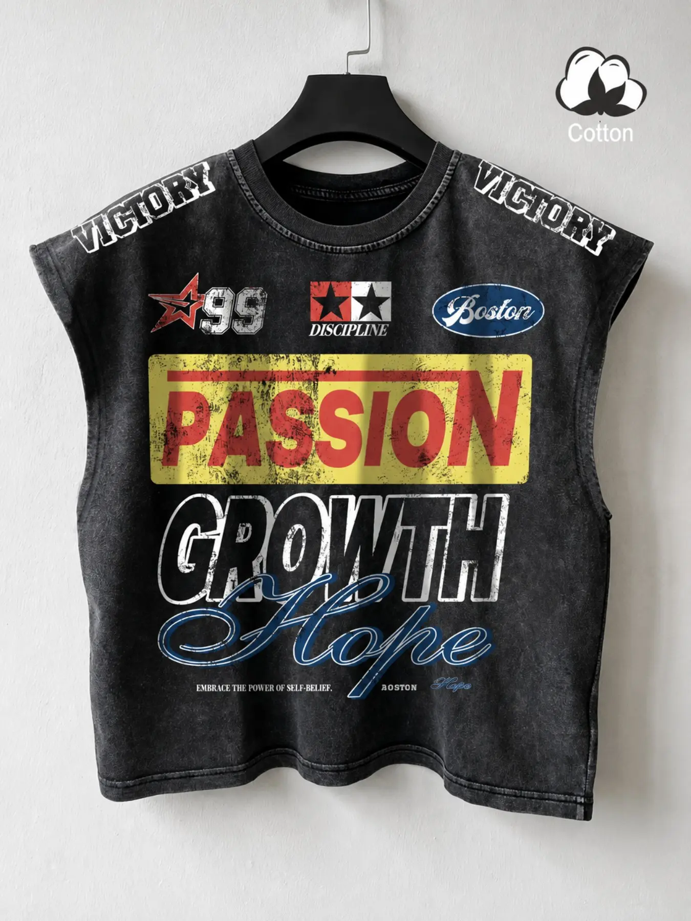 Men’s Washed Graphic Tank Top, Cotton Sleeveless Muscle Tee with Passion Growth Hope Letter Print, Vintage Streetwear Top for Summer Casual Fashion