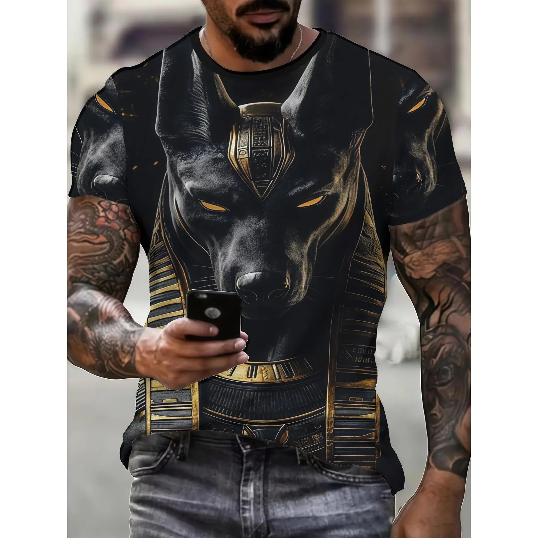 Short Sleeve Digital Ancient Egyptian Anubis Print Design T-Shirt Element Trendy Men'S Casual Fashion Top