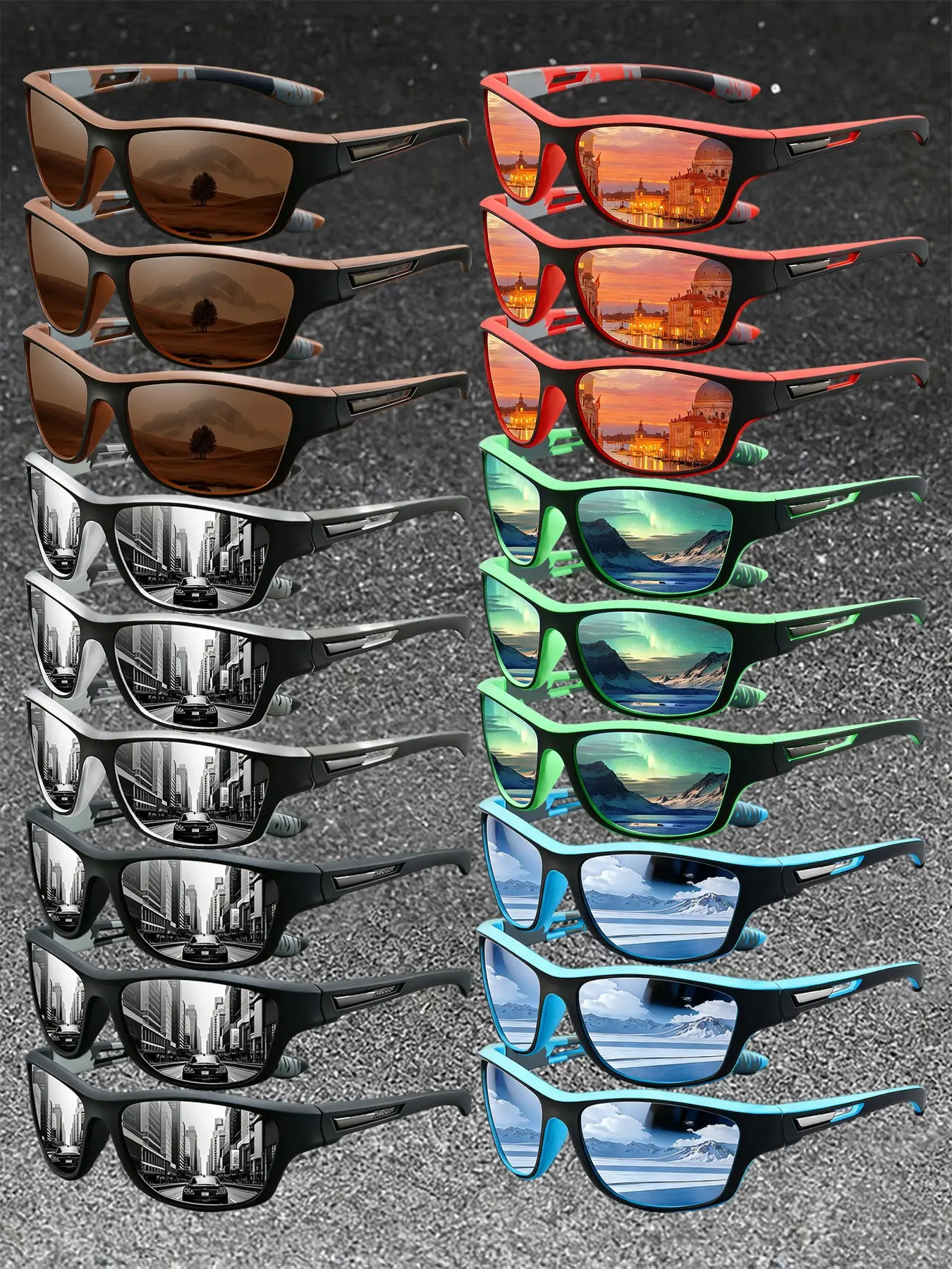 18pcs latest model camouflage sports glasses,available in multiple colors to meet different needs,equipped with rubber nose pads,fashionable and comfortable,suitable for vacation,beach,party,driving,fishing