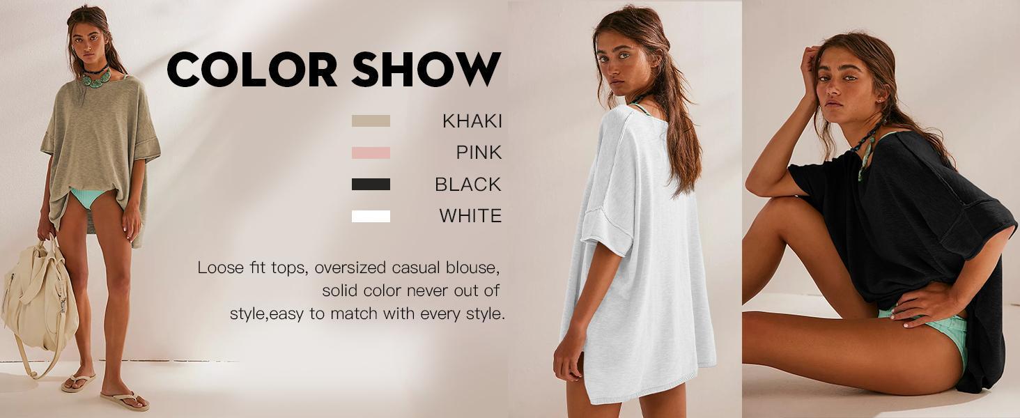 Imily Bela Women's Oversized T Shirts Casual Summer Crew Neck Loose Dropped Short Sleeve Side Slit Hem Blouse Tunic Tops