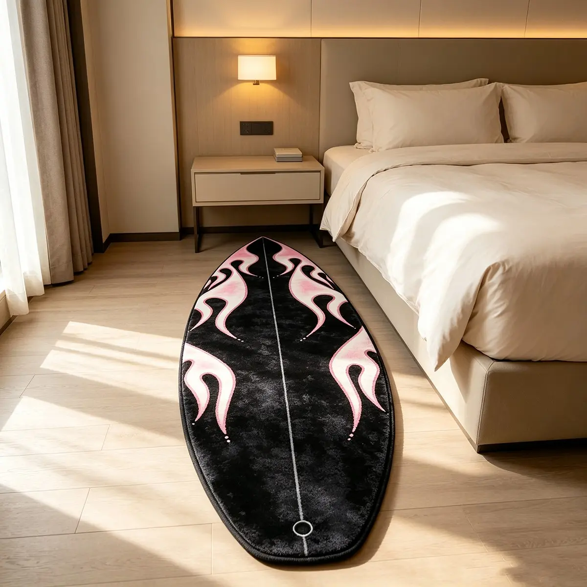 1PC Ocean Surfboard Shaped Long Rug, Black Base With Pink Flame Print High Density Floor Mat, Soft Skin-Friendly Coastal Vacation Style Carpet For Living Room Bedroom Bedside, Y2K Surf Beach Themed Home Decor