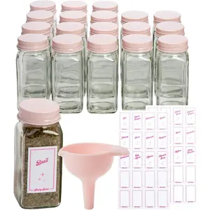 Glass Spice Jar Storage Set, 4-Ounce Empty Spice Jars with Labels, Shaker Caps and Metal Lids, Collapsible Funnel Included, 20-Piece, Pink
