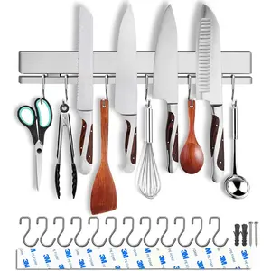 17 Inch Magnetic Knife Holder for Wall No Drill/Drill with 12 Hooks-Strong Adhesive Double Bar Knife Magnetic Strip-Kitchen Utensil Holder-304 Stainless Steel Magnetic Knife Block