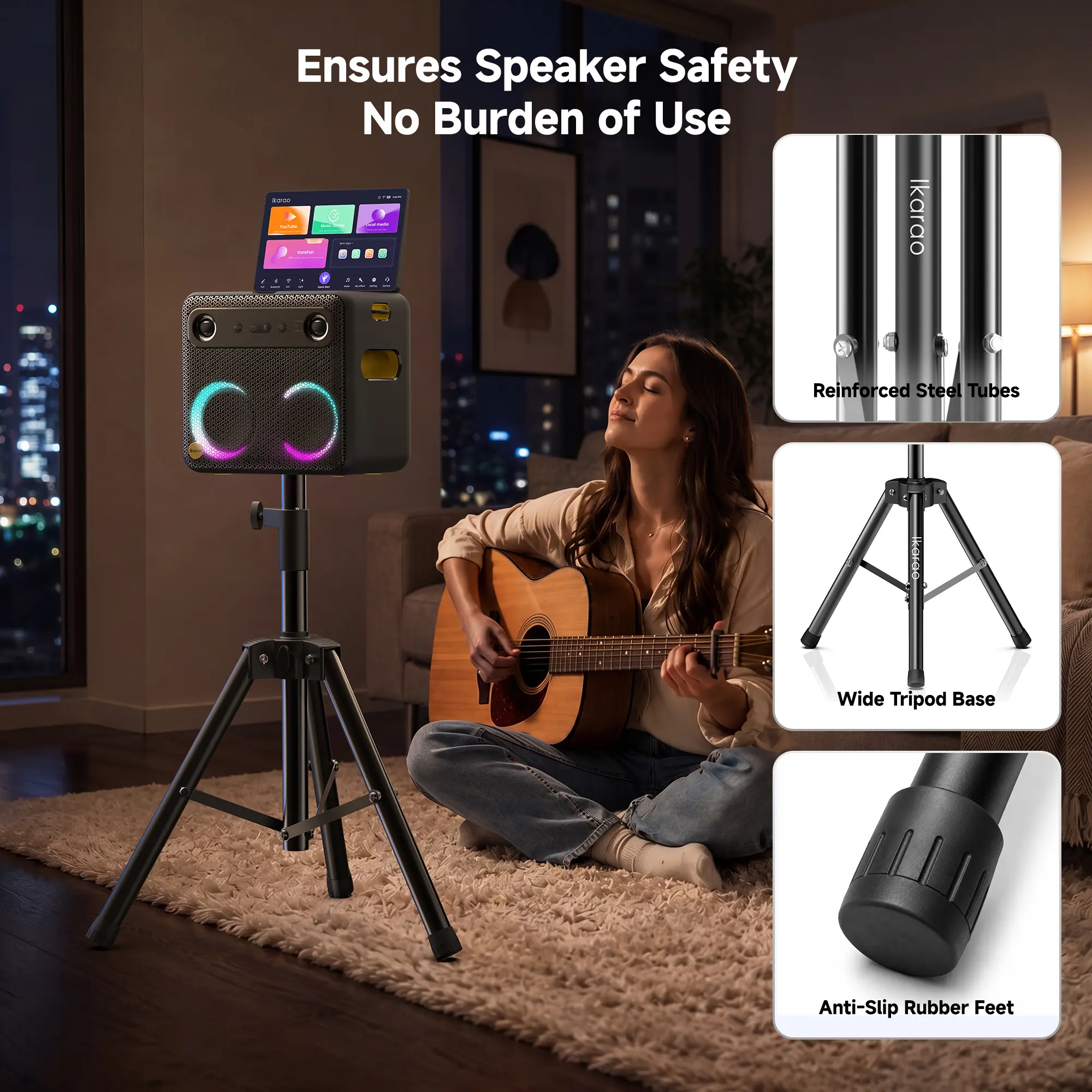 Ikarao Heavy-Duty Carbon Steel Speaker Mount, Compact 36-47in Height-Adjustable Tripod with Triangular Frame, Dual Tension Knob, 35mm Insert, 29.9kg Load Capacity, Audio Equipment for PA DJ System, Outdoor Parties, Studio Sessions sohochic