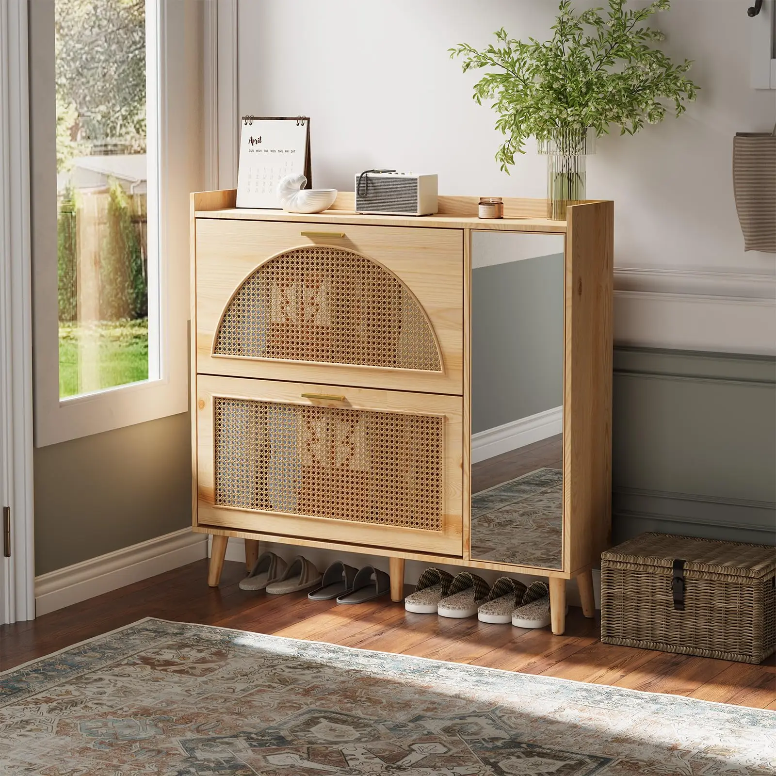 Natural Oak Light Bohemian Rattan Shoe Cabinet with 2 Flip Drawers, Mirror, Adjustable Shelves & Dividers, Farmhouse Slim Freestanding Hidden Shoe Storage Racks for Entryway, Adjustable Dividers
