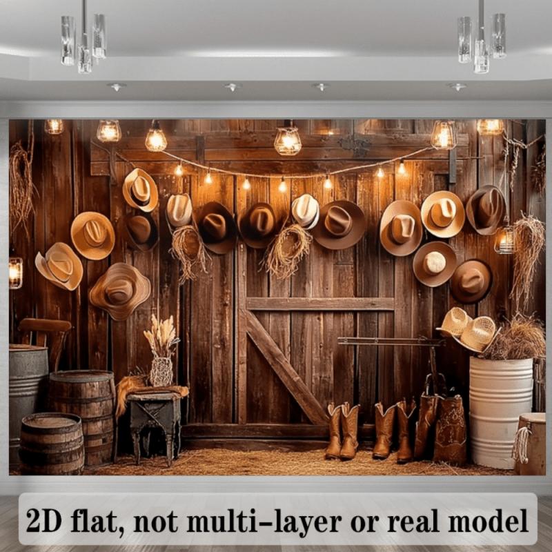 2D Western Cowboy Style Backdrop with a Wooden Barn Door, Hanging Cowboy Hat, Hay Stacks, Wooden Barrel, Metal Bucket, Cowboy Boots, Decorative String Lights, Hay, Vintage Small Table, Glass Jars, and a Dark