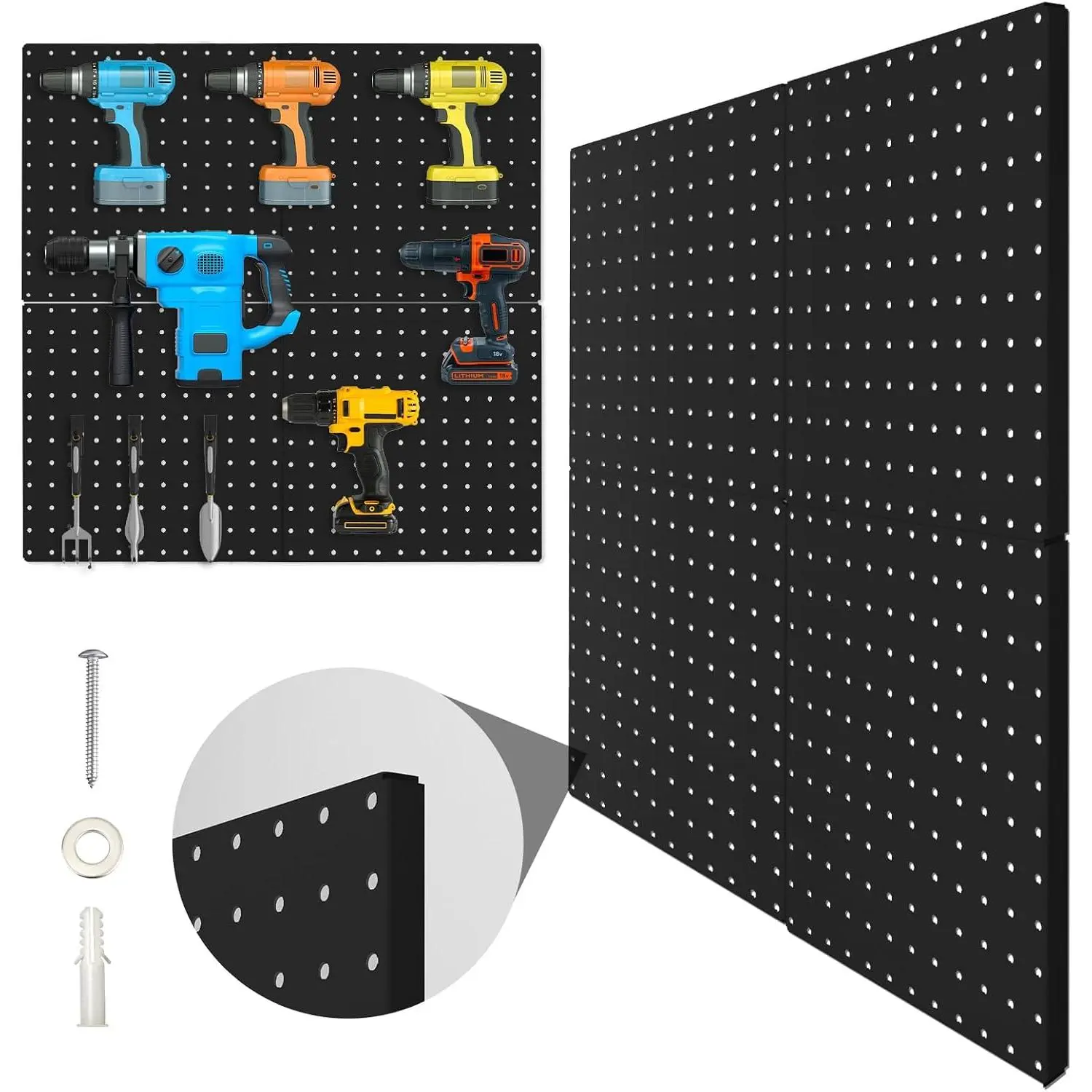 Peg Board, 4 Pack Metal Pegboard Panels Black Pegboards Wall Organizer with Bent Frame Large Heavy Duty Peg Board for Walls , Garage Tool Storage, Office Organization, Craft Room, Kitchen
