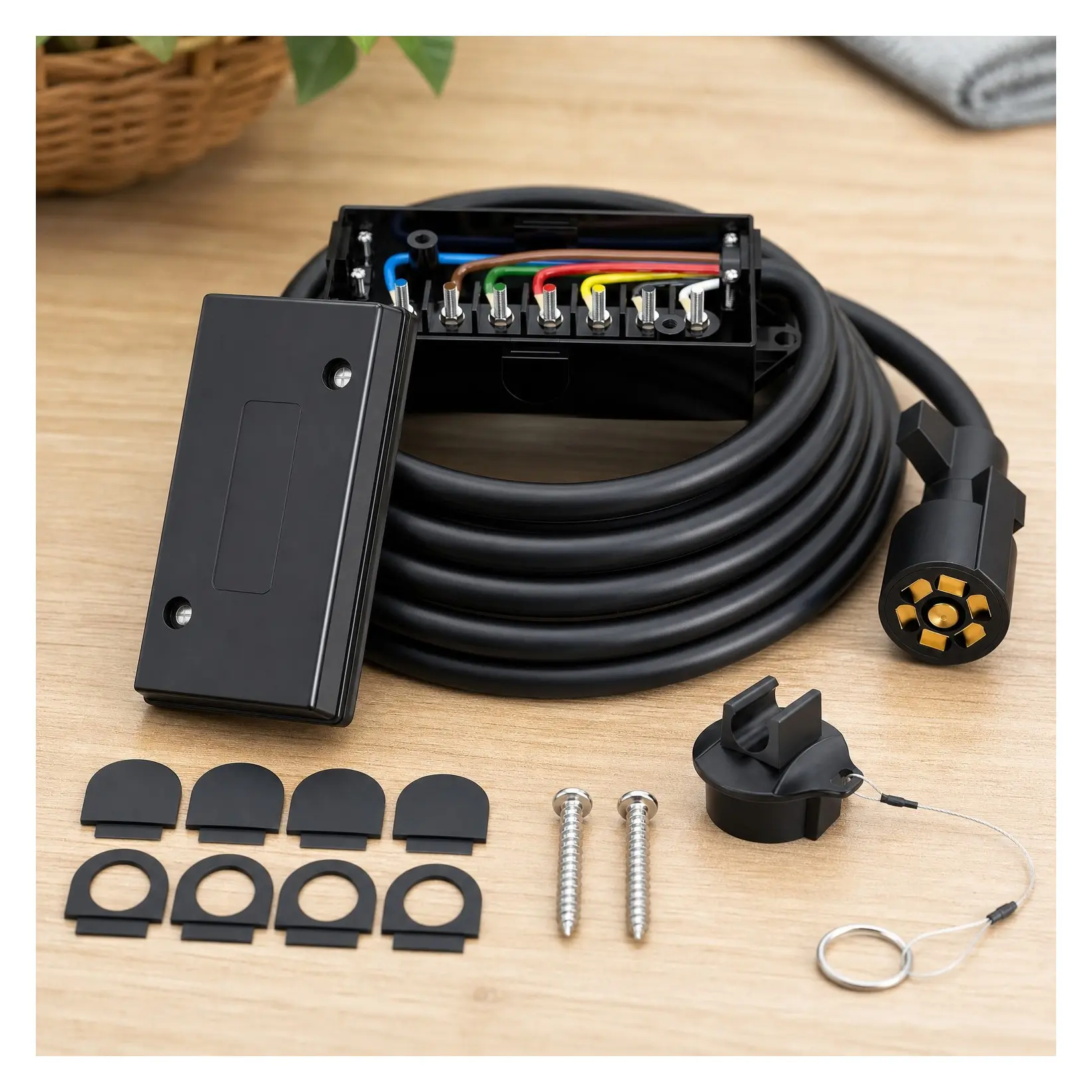 8ft Heavy Duty 7-Way Trailer Plug Cord with 7-Gang Junction Box, Waterproof Cover, 7-Pin Round Wiring Harness for RV Camper Truck Car, Easy InstallationGift
