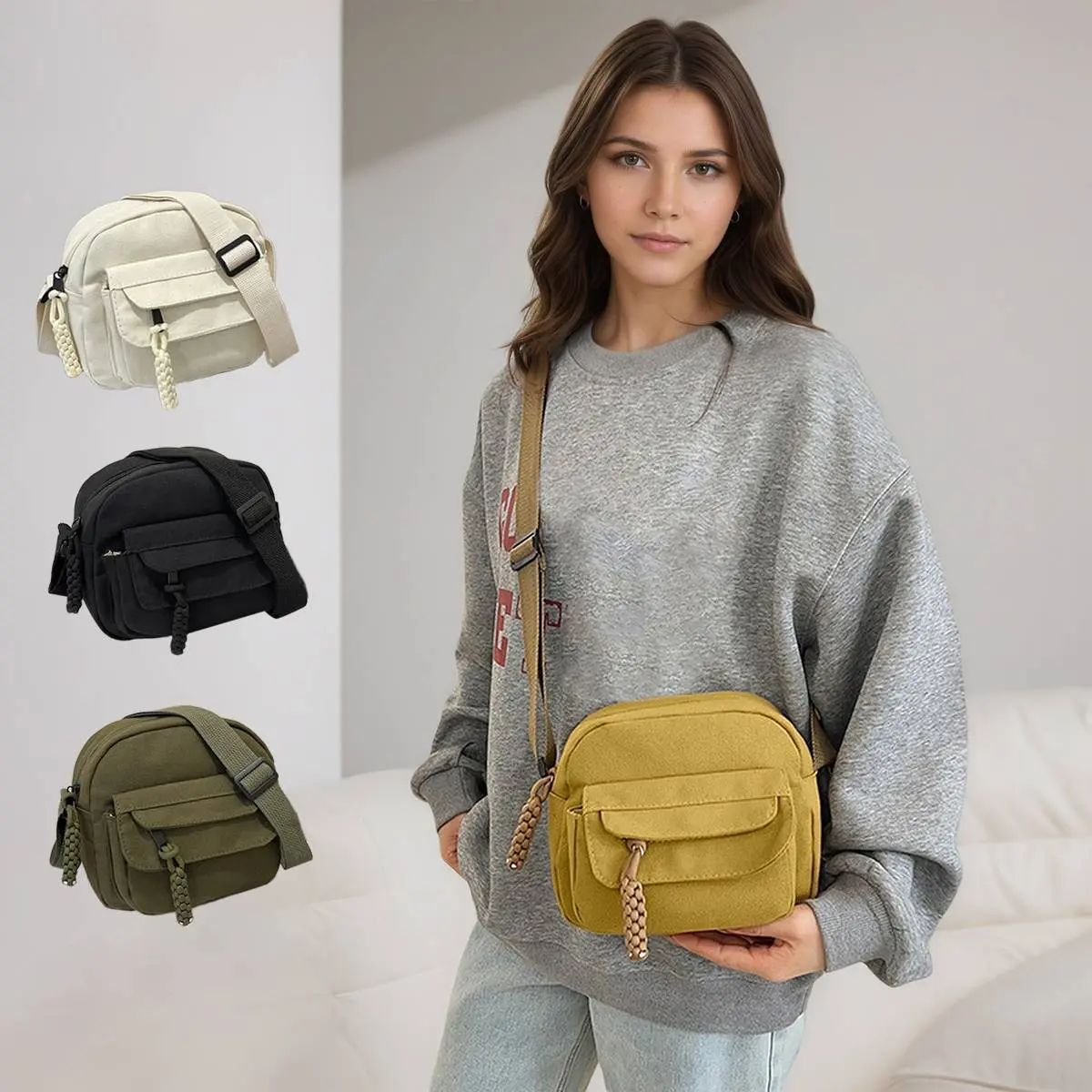 Women's Multi Zipper Pockets Crossbody Bag Small Canvas Messenger Bag Versatile Satchel for Commuting and Daily Use