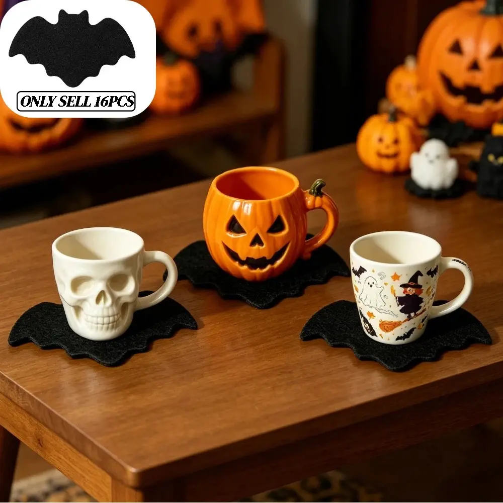 16Pcs Halloween Black Alien Bat Felt Coaster, Anti Slip and Heat-insulating Teacup Cushion Anti Scald and Water Absorbing Desktop Cup Holder Halloween Beverage Black Coaster Home Living Room Dining Table Halloween Themed Party Desktop Decor Ornament