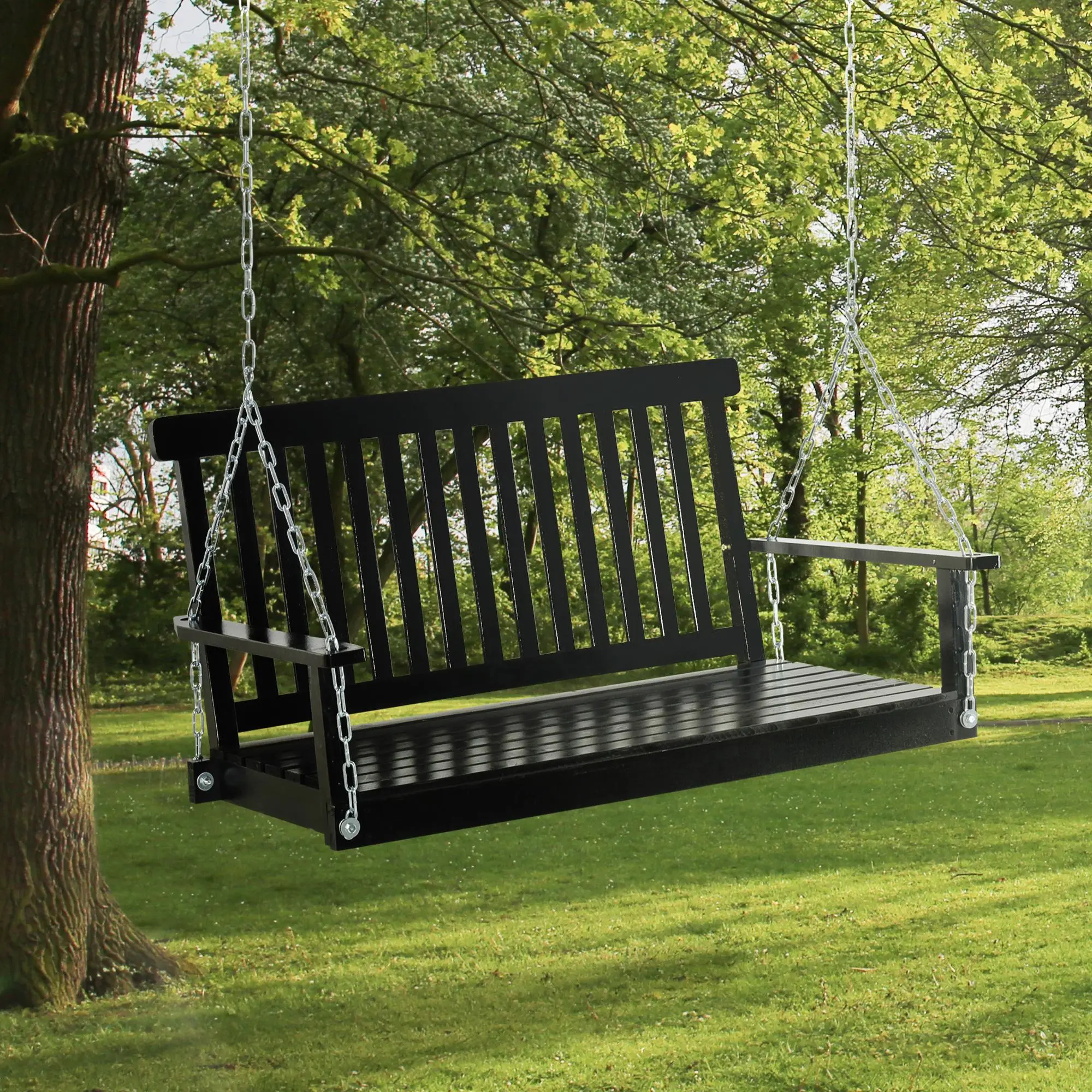 Outsunny 2-Seat Hanging Porch Swing, Outdoor Patio Swing Chair with Slatted Seat, Heavy Duty Hanging Bench with Chains, 440 LBS Weight Capacity, Freestanding Porch Seating for Backyard, Garden, Deck, Black