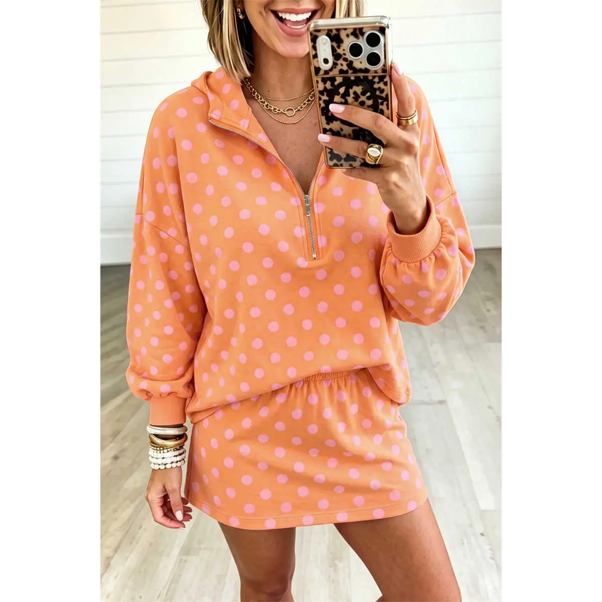 Orange Polka Dot Hooded Long Sleeve Top Casual Mini Skort Set Fabric Matching