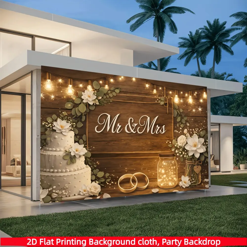 1PC 2D flat Mr & Mrs vintage wooden wedding banner white rose eucalyptus wedding wood grain wedding pattern polyester fiber suitable for wedding portrait photography, engagement party scenery, garden layout, Floral Wedding Backdrop