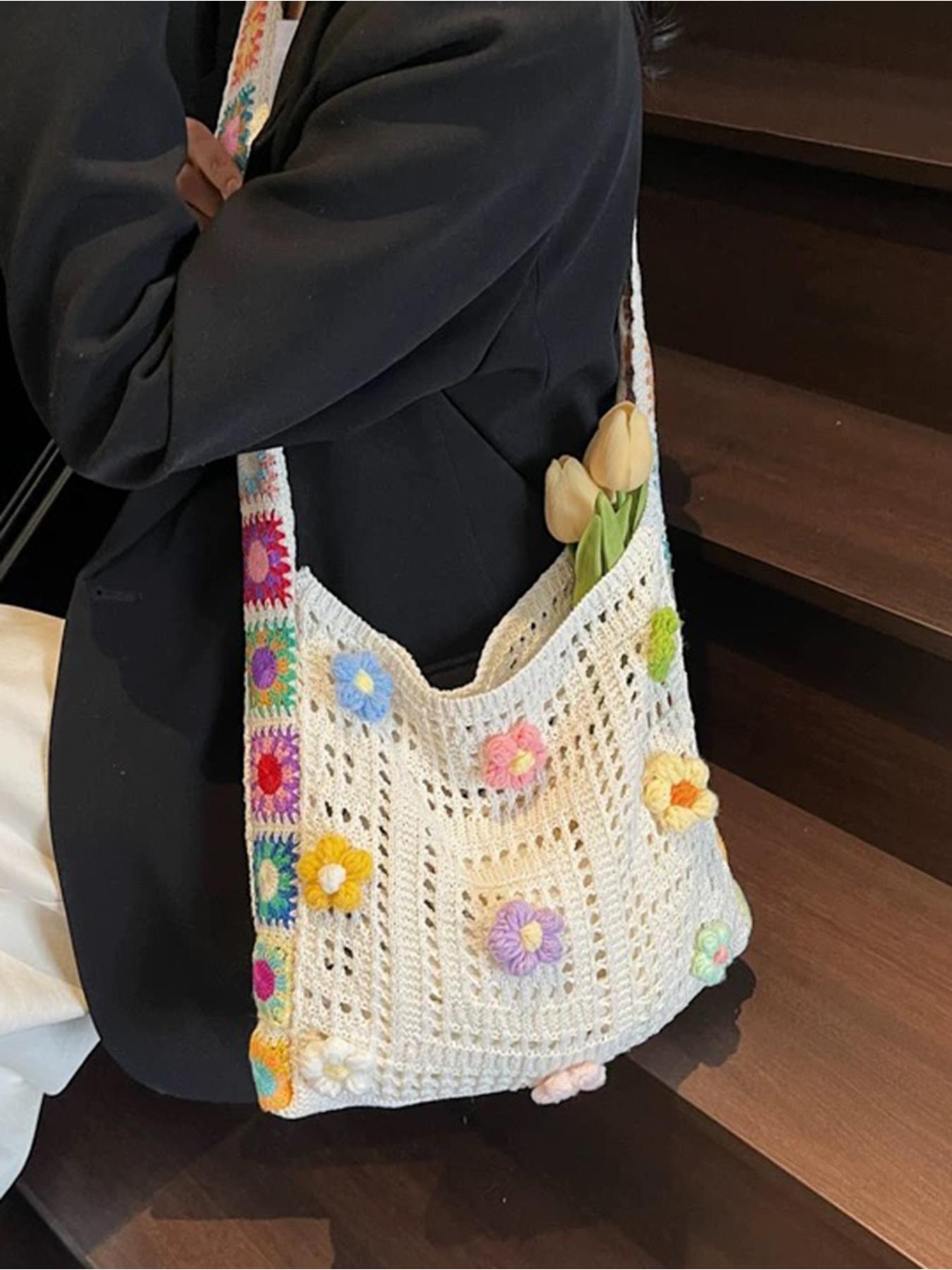 2026 Fashion Boho Crossbody Bag, Vintage Lace Floral Shoulder Bag, Random Flower Pattern, Casual Crochet Material, Trendy Accessory