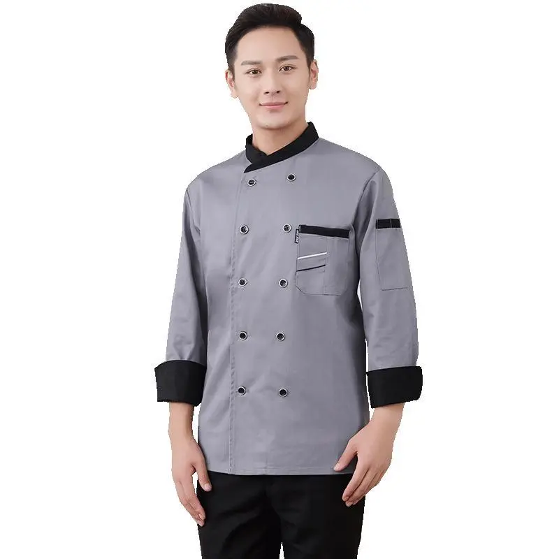 Custom Logo Men Chef Jacket Tunic Workwear Kitchen Coat Autumn Catering Uniforms With Hat For Restaurant Cooks
