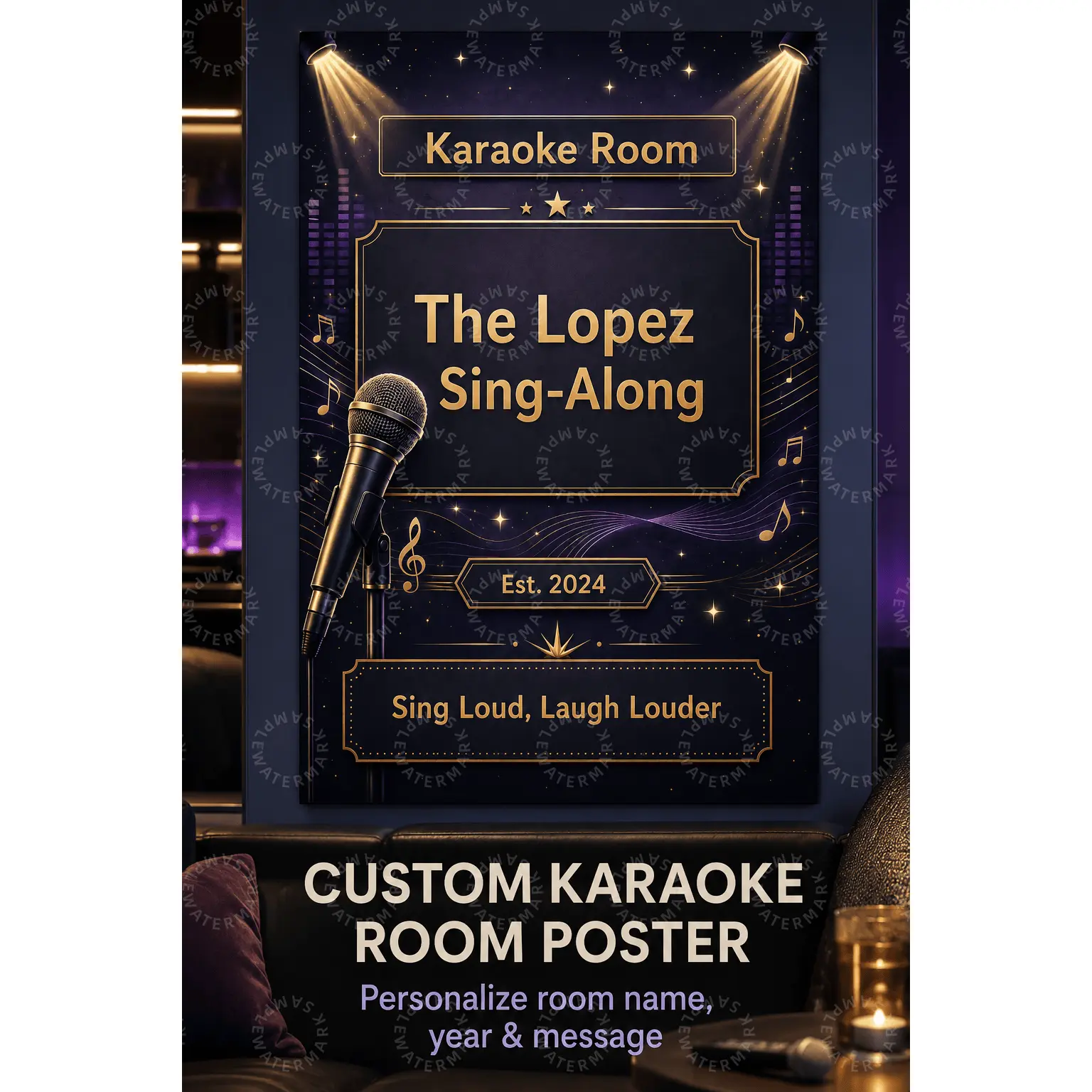 Custom Karaoke Room Poster, Personalized Sing-Along Wall Art, Black Gold Microphone Music Decor, Home Bar Game Room Aesthetic Poster, Bedroom Living Room Office Wall Decor, Music Lover Gift