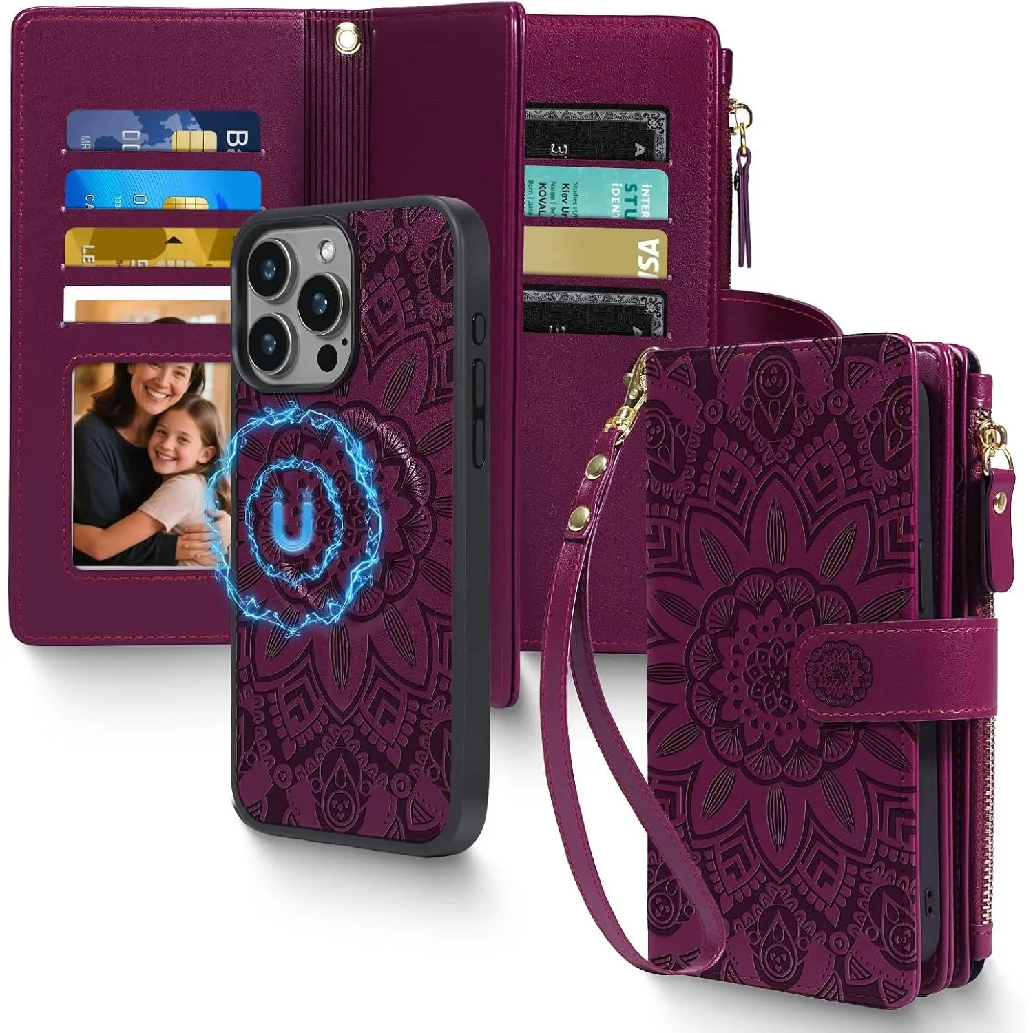 2 in 1 for  12 Pro Max Wallet Case  Compatible with Magsafe RFID Blocking Card Holder Detachable Phone Cover Zipper Purse Kickstand Wrist Strap for Men Women 6.7" 2020 Floral Burgundy