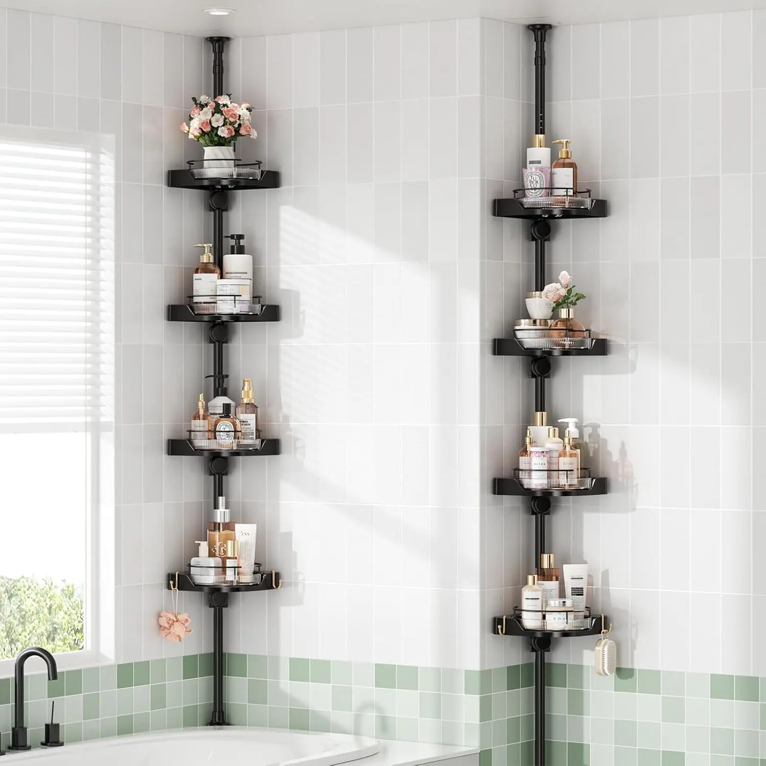 360° Rotating Corner Shower Caddy Tension Pole Organizer - 4-Tier Adjustable Rustproof Metal Pole, Plastic Shelves with Safety Guardrail, Bathroom Storage for Shower & Bathtub(Black)