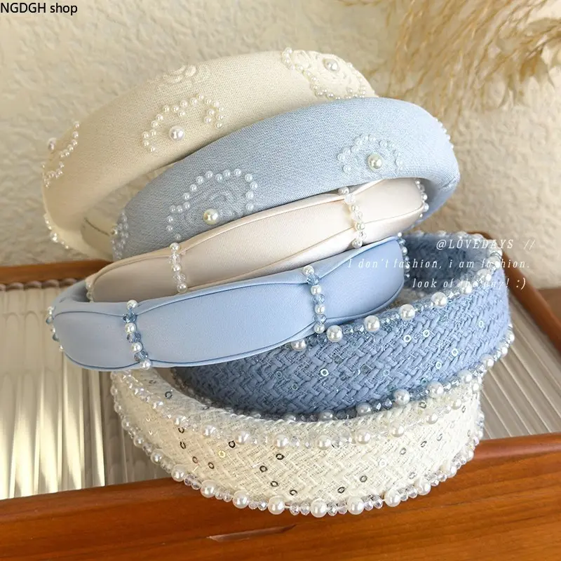 Handmade Tweed Pearl Padded Headband for Women, Dusty Blue Braided Sequin Hair Band, Aesthetic Crystal Beaded Wide Hair Hoop for Face Framing, Elegant High Cranial Top Headpiece Gift, 1Pc