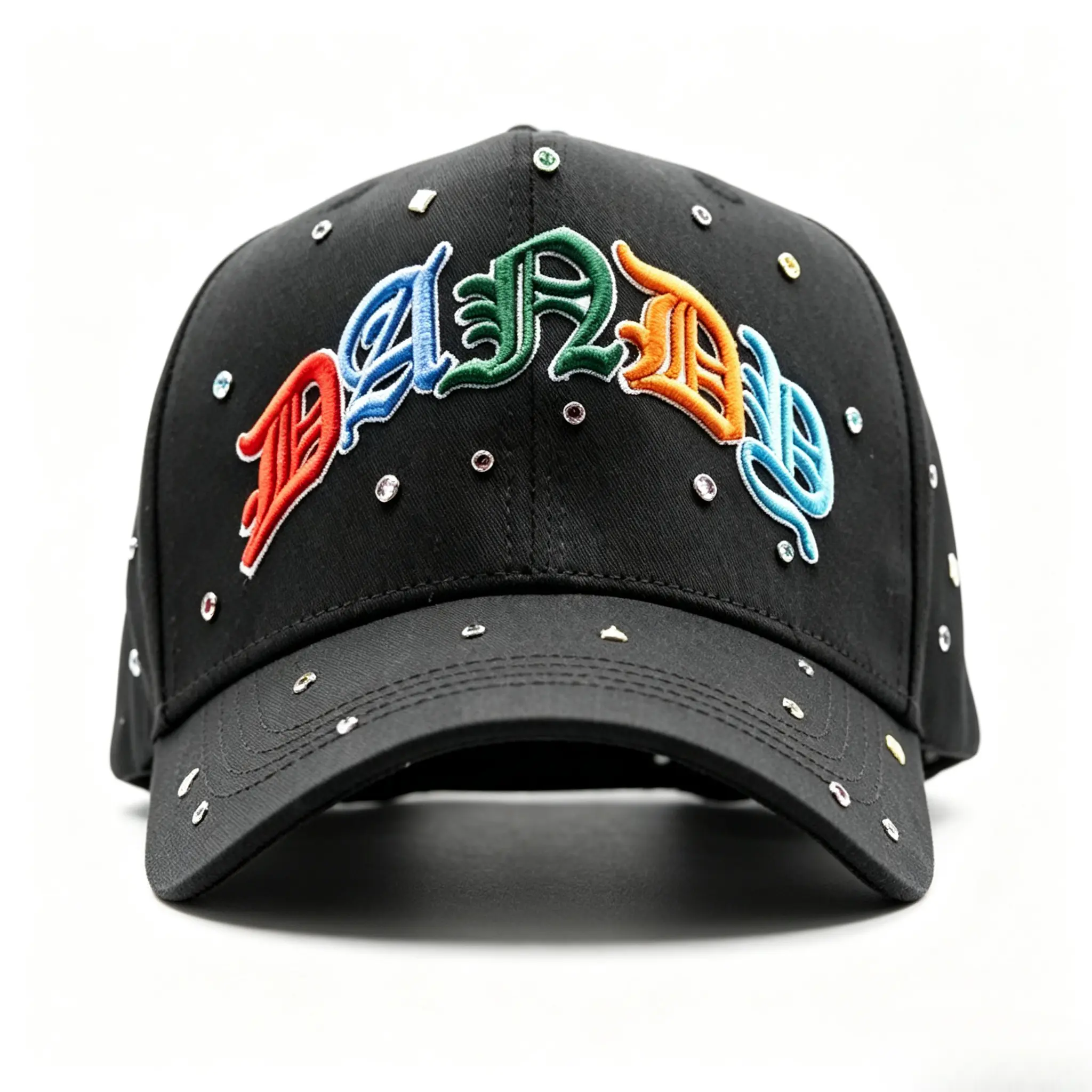 DANDY Multicolor Gothic 3D Embroidery Baseball Cap Colorful Rhinestone Studs Rivets Black Distressed Brim Adjustable Snapback Hip Hop Streetwear Unisex Casual Sun Protection Hat