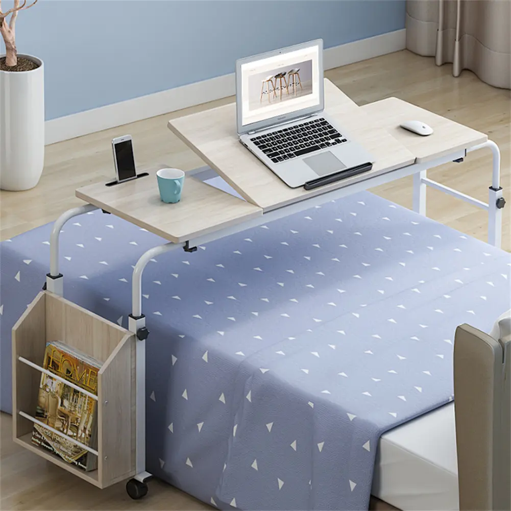 47.2 in Over Bed Table with Wheels & Wooden Side Magazine Rack, Bed Desk with Tilt Board for Laptop and Eating, Rolling Hospital Bed Table for Home, Bedroom & Recovery, White