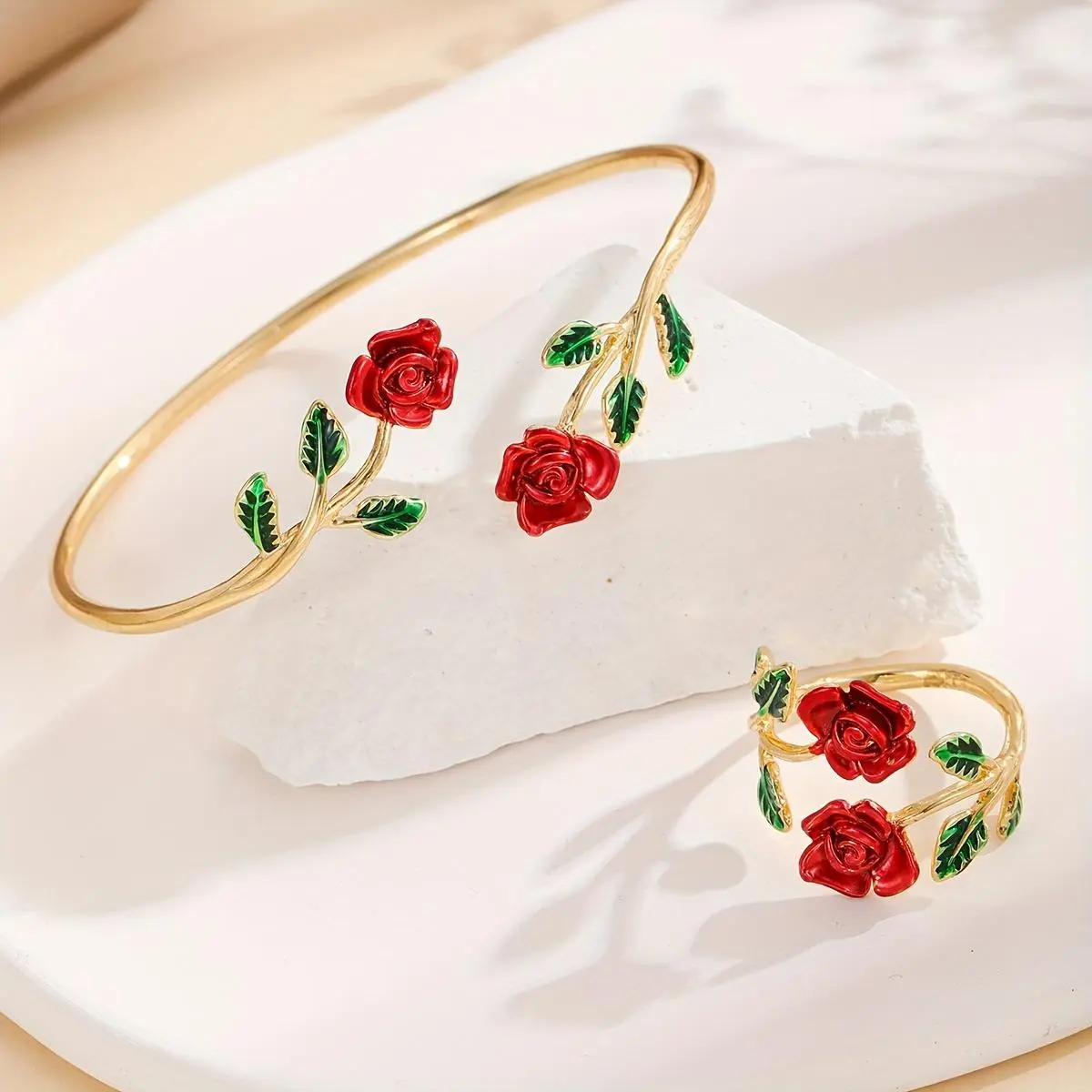 [Rose Flower Matching Set] Fresh Elegant Rose Flower Bracelet & Ring Matching Set - Minimalist Rose-Themed Suitable for Daily Wear, Wedding, Anniversary Gift, Year-Round Versatile for Occasions