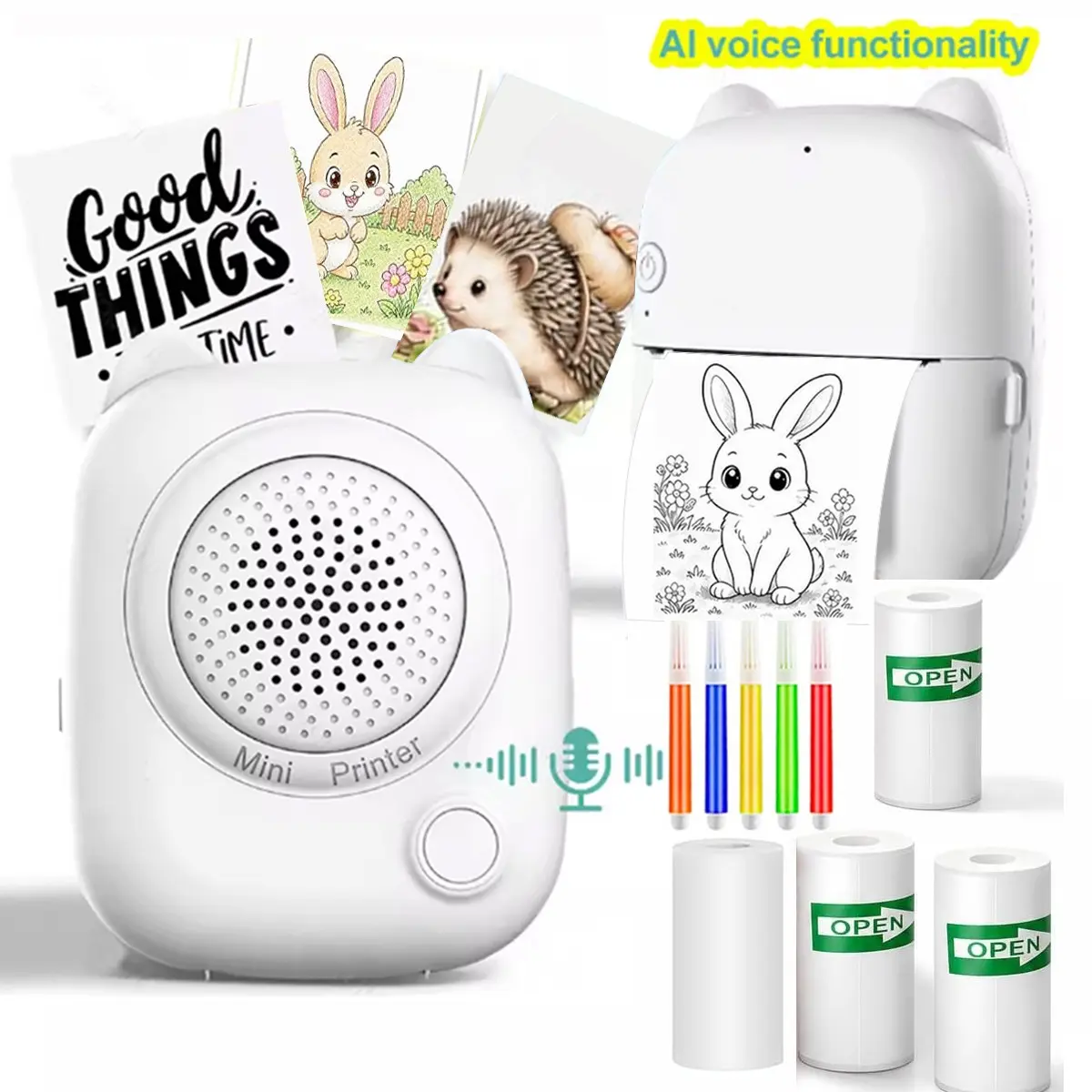 Ai Smart Voice Sticker Printer, Portable Inkless Thermal Ai Mini Printer, Wireless Thermal Printer, Ideal for Notes, Coloring Pages, Home, School, DIY Projects