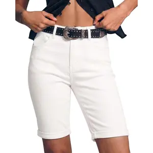 Bermuda Jean Shorts for Women Knee Length High Waisted Trendy Cuffed Hem Long Stretchy Denim Shorts Summer Jorts(Gift)