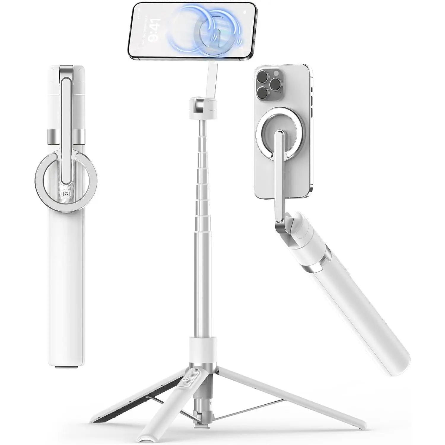 68"  Selfie Stick Tripod with    Holder for Magsafe, 360° Rotatable Travel Phone Tripod Stand with Metal Ring & Rechargeable Remote for /Android(White)
