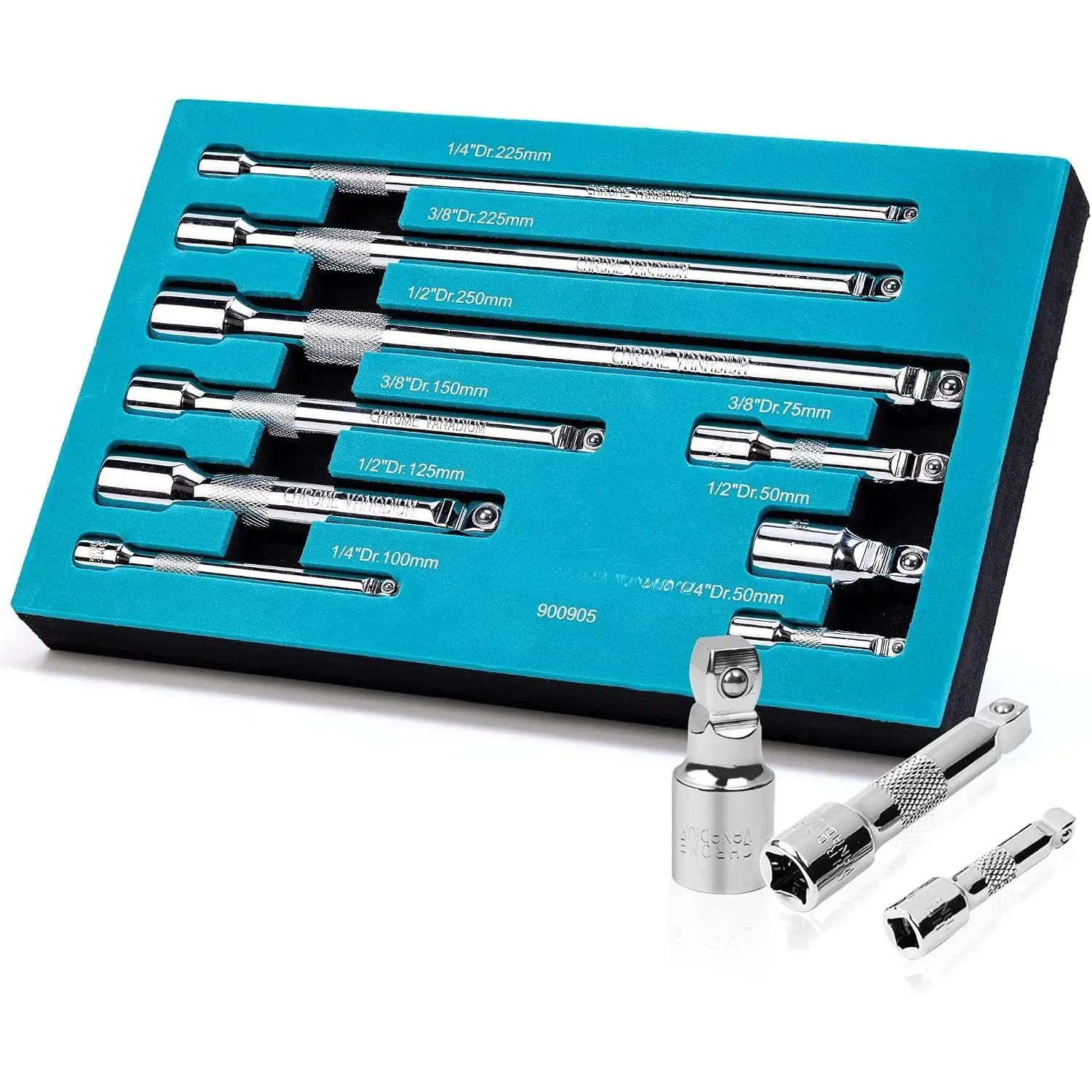 Wobble Extension Set, 9 count (Cr-V) with Chrome Plated in EVA Storage Tray, 1/4'' 3/8'' 1/2'' Drive Socket Extension Bars