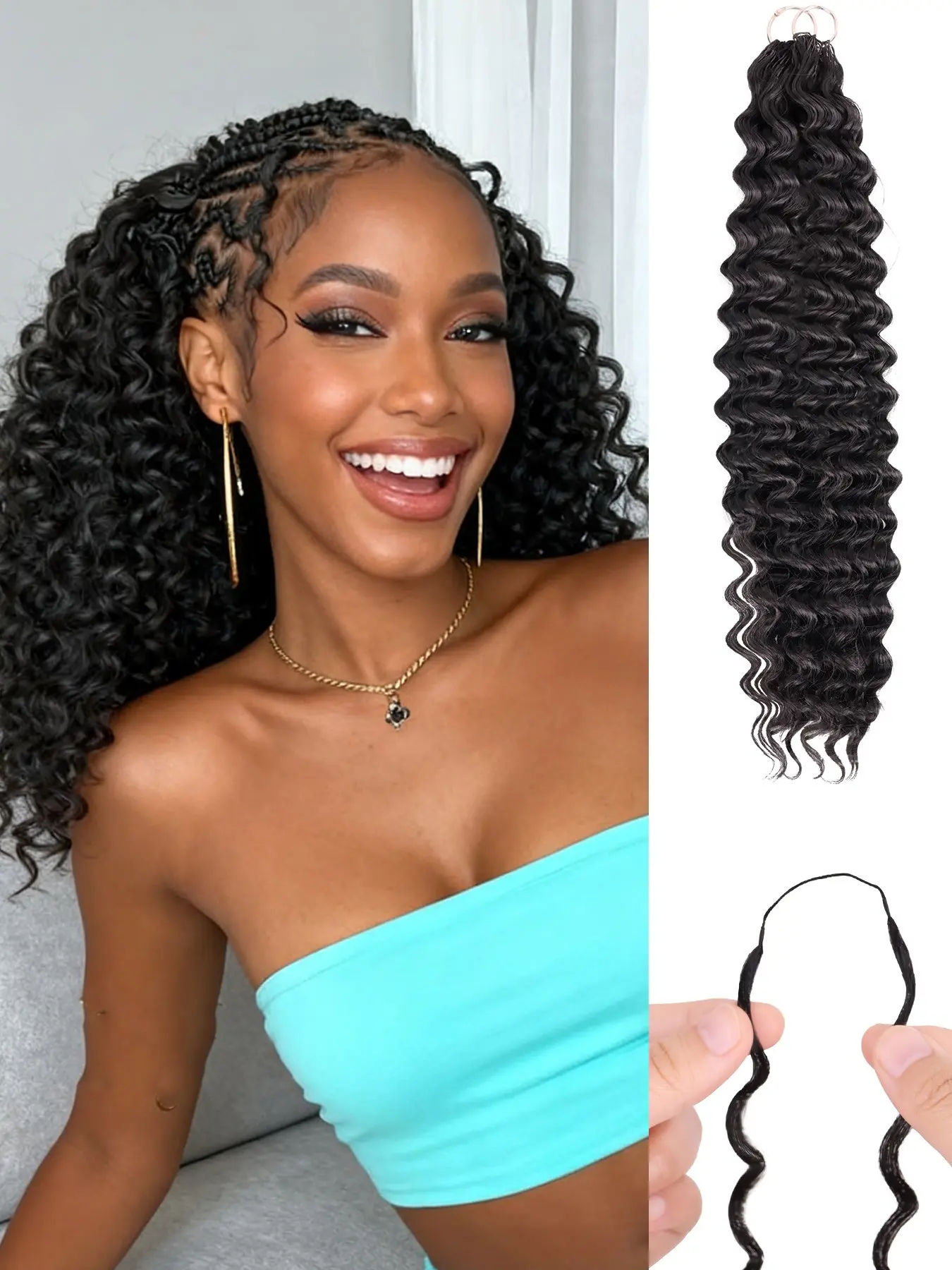 Feather Crochet Hair Deep Wave 16/18/20/22 Inch  Hand-Tied Synthetic Hair Extensions, 50 Strands Feather Miracle Knots Crochet Invisible Pre-Separated Synthetic Braid