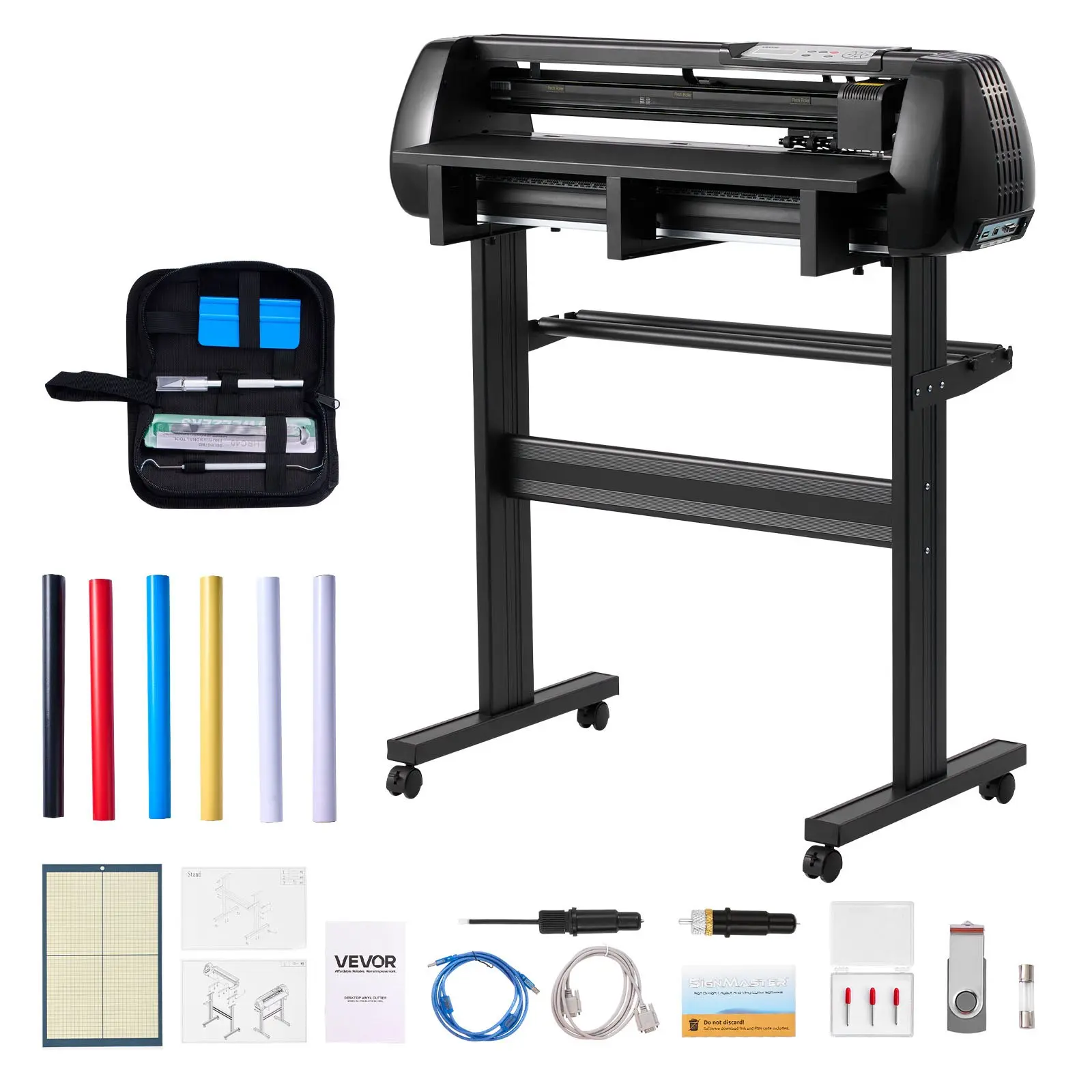 VEVOR Vinyl Cutter Machine for Car Decals & DIY Projects, 28in Max Feed Width, Dual Blades, Adjustable Force & Speed, LED Display, Bundle with Sticker Paper, Adhesive Vinyl, Aluminum Compatibility, Transfer Film, Signmaster Software, 37 X 17.9 X 40.55 In,