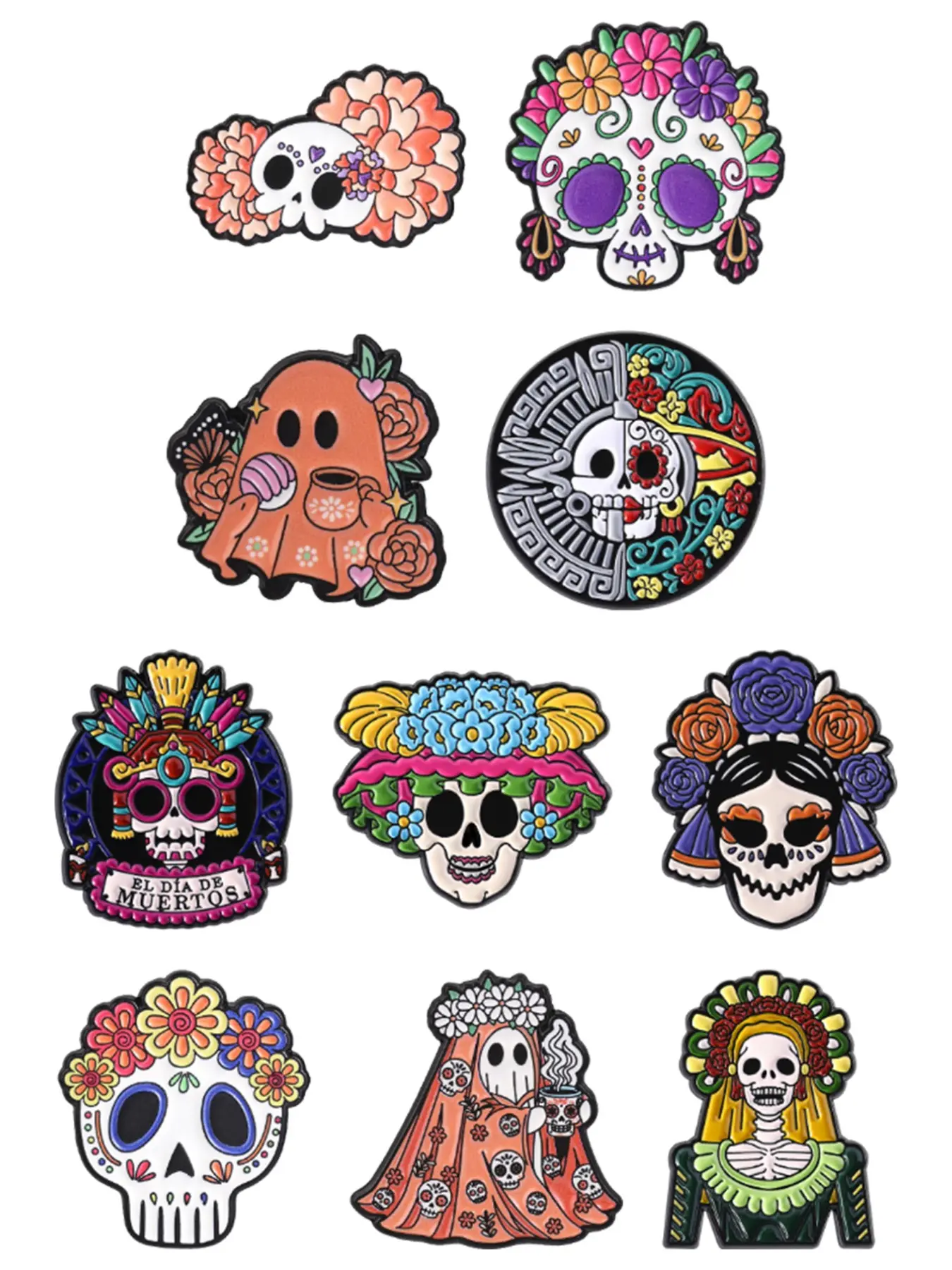 10pcs Mexican Day of the Dead Floral Sugar Skull Ghost Enamel Pin, Latin Folk Maya Cartoon Brooch, Full Set Holiday Decor Badge, Enamel Lapel Pins