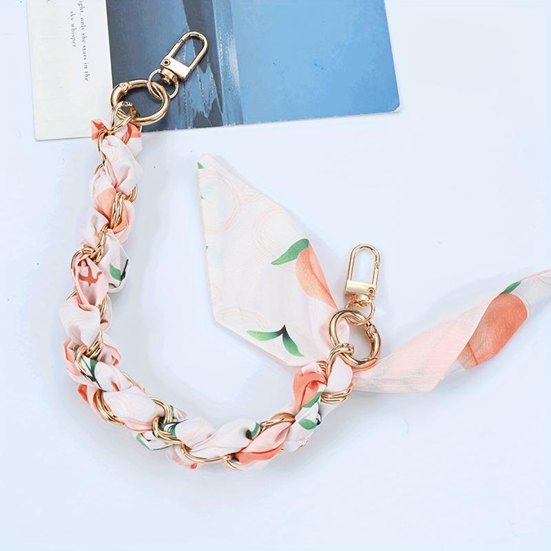 Red Floral Polyester-Spandex Scarf with Golden-Tone Clasp, Handwoven Party Fashion Accessory for Bags and Phones